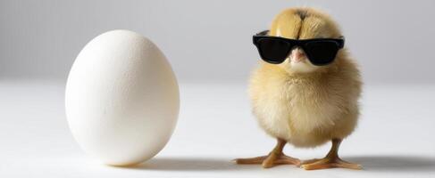 The adorable chick wearing sunglasses beside a white egg. photo