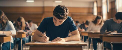 The Student Engaged in a Focused Exam in a Classroom Setting photo