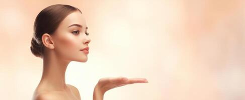 The Elegant Model Showcasing Her Graceful Profile with an Inviting Gesture photo