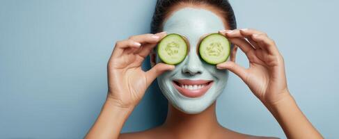 The woman enjoying a refreshing cucumber facial mask while smiling warmly. photo