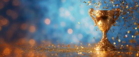 The Golden Trophy Surrounded by Shimmering Confetti and Sparkling Background photo