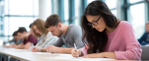 The diligent student taking notes during a focused classroom examination. photo