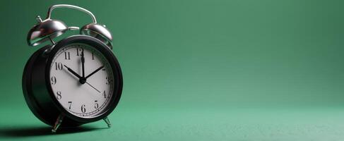 The classic black alarm clock on a vibrant green background photo