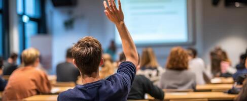 The engaged student raising hand in a bustling educational classroom setting. photo