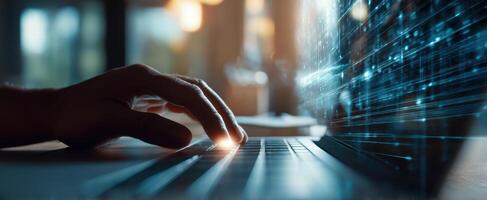 The hand interacting with a laptop in a futuristic digital workspace. photo