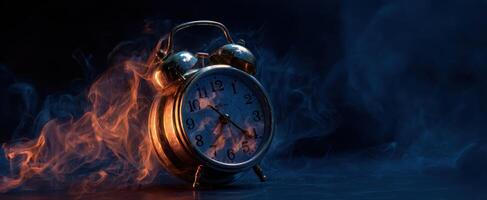The vintage alarm clock surrounded by colorful smoke and dramatic lighting photo