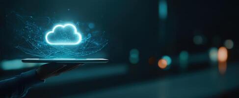The digital cloud hovering above a modern tablet interface in a futuristic setting. photo