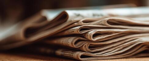 The collection of newspapers neatly stacked on a wooden table. photo