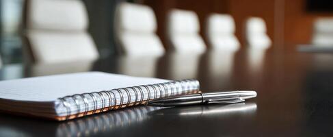 The sleek notebook and pen on a polished conference table in a corporate setting. photo