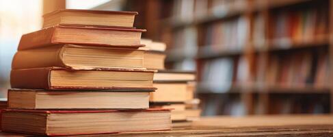 The stack of vintage books on a wooden desk in a cozy library setting. photo