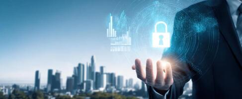 The businessman showcasing digital security concepts against a modern city backdrop. photo