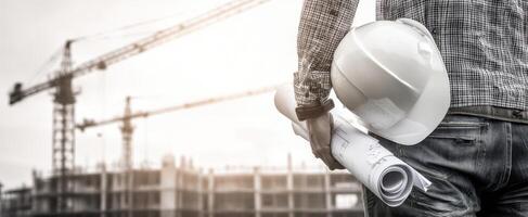 The construction worker holding blueprints while surveying the job site environment. photo