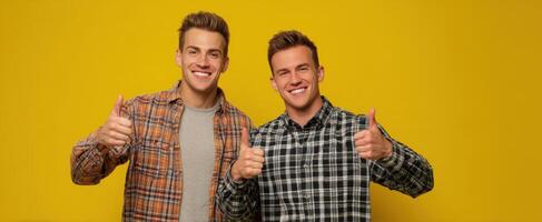 The two friends happily sharing a thumbs-up gesture against a vibrant background. photo