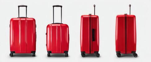 The red suitcase featuring multiple angles and a sleek design for travel. photo