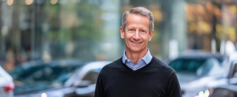 The confident businessman smiling in an urban environment against a blurred city backdrop. photo