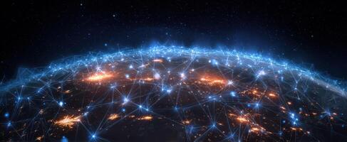 The digital network connecting our world through bright glowing nodes and lines. photo