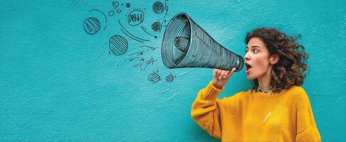 The woman with a megaphone conveying a vibrant message against a blue backdrop. photo