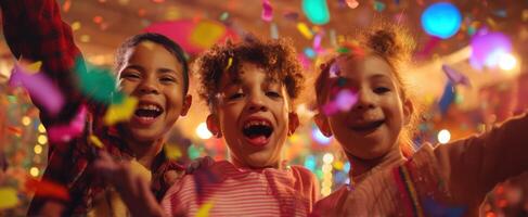 The joyful children celebrating together in a colorful confetti-filled party scene. photo