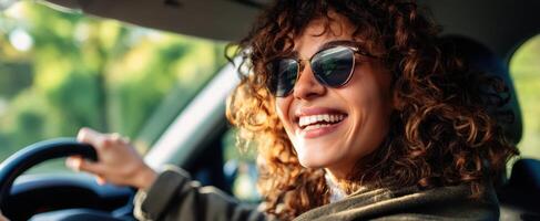The joyful woman smiling while driving a car on a sunny day. photo
