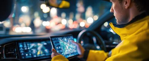 The man using a smartphone for navigation inside a modern vehicle at night photo