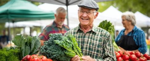 The joyful farmer showcasing fresh vegetables at a bustling farmers' market. photo