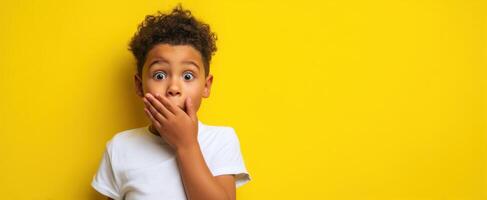 The surprised child expressing shock against a bright yellow background. photo