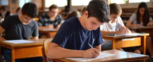 The student diligently writing an exam in a classroom environment. photo