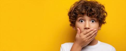 The surprised boy expressing shock with hands covering mouth against yellow backdrop. photo