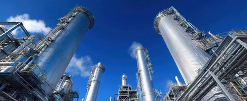 The towering structures of an industrial oil refinery against a blue sky photo