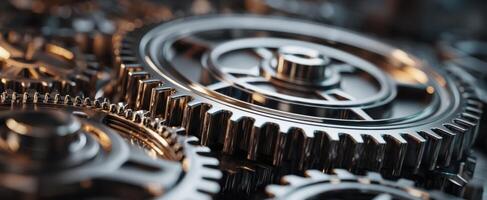 The intricate arrangement of gears showcasing modern mechanical engineering. photo