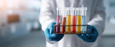 The Scientist Holding a Rack of Colorful Test Tubes in a Laboratory Setting photo