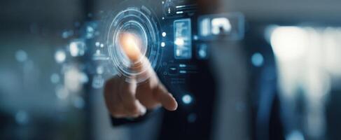 The professional interacts with a futuristic digital interface in a modern workspace. photo