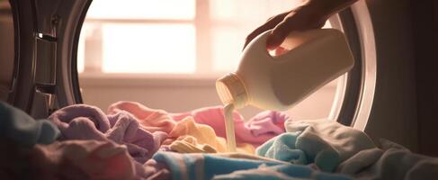 The detergent being poured into a washing machine filled with colorful laundry. photo