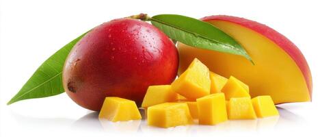 The vibrant mango with fresh slices and rich colors on a white background. photo