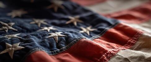 The textured detail of an American flag showcasing its historical significance and pride. photo