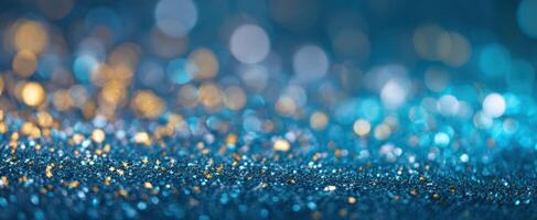 The mesmerizing glittering background with blue and gold sparkles. photo