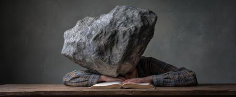 The rock head resting on a person reading a book in contemplation. photo