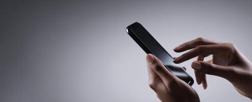 The smartphone in hands showcasing modern digital interaction and technology lifestyle. photo