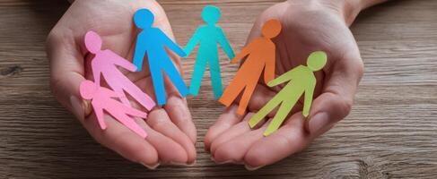 The hands holding colorful paper figures symbolizing unity and community. photo