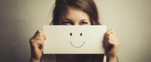 The cheerful woman holding a smiley face card in a creative portrait. photo