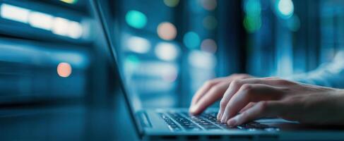 The Hands Typing on a Laptop in a High-Tech Server Room photo