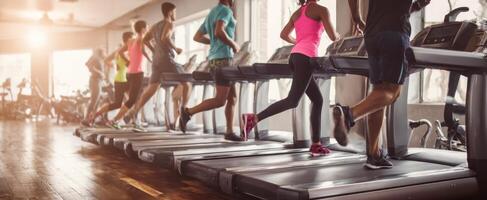 The energetic group of runners on treadmills during a dynamic workout session. photo