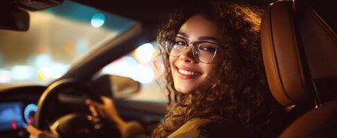 The joyful woman smiling while driving in a car at night. photo