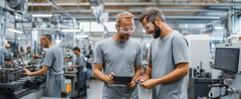 The engaged workers collaborating in a modern manufacturing environment photo