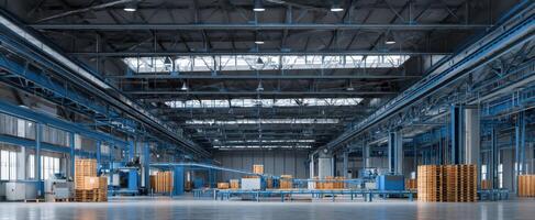 The modern industrial factory with automated machinery and organized storage solutions. photo