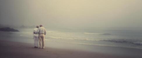 The serene moment of an elderly couple walking along the foggy beach. photo