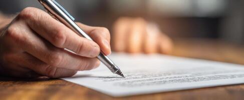 The hand writing on a document with a pen on a wooden desk. photo