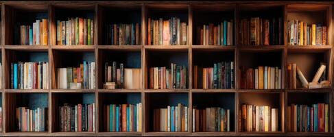 The beautifully arranged bookshelf showcasing a diverse collection of books. photo