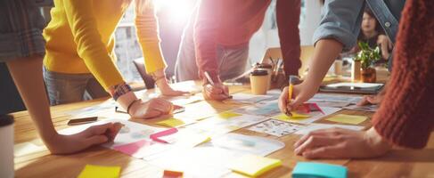 The collaborative brainstorming session at a creative workspace with colorful notes. photo