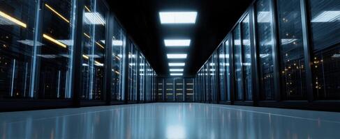 The sleek, modern data center illuminated with futuristic lighting and reflections. photo
